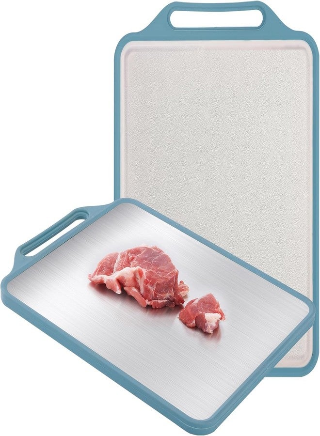 JEMICA Double-Sided Stainless Steel Cutting Boards for Kitchen, Metal Cutting Board and Wheat Straw Cutting-Board, Large 15.5" × 12", Chopping Boards with Handle and Juice Troughe, Dishwasher Safe - Image 1
